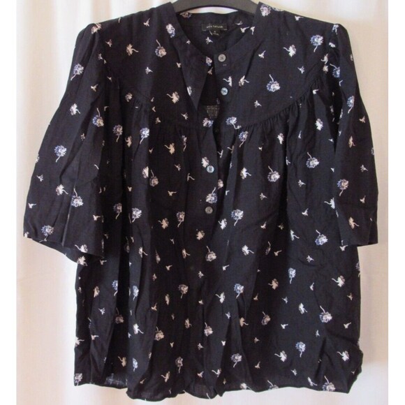 Taylor Tops - Womens Ann Taylor Short Sleeve Boho Pullover Top Black Floral Size Medium